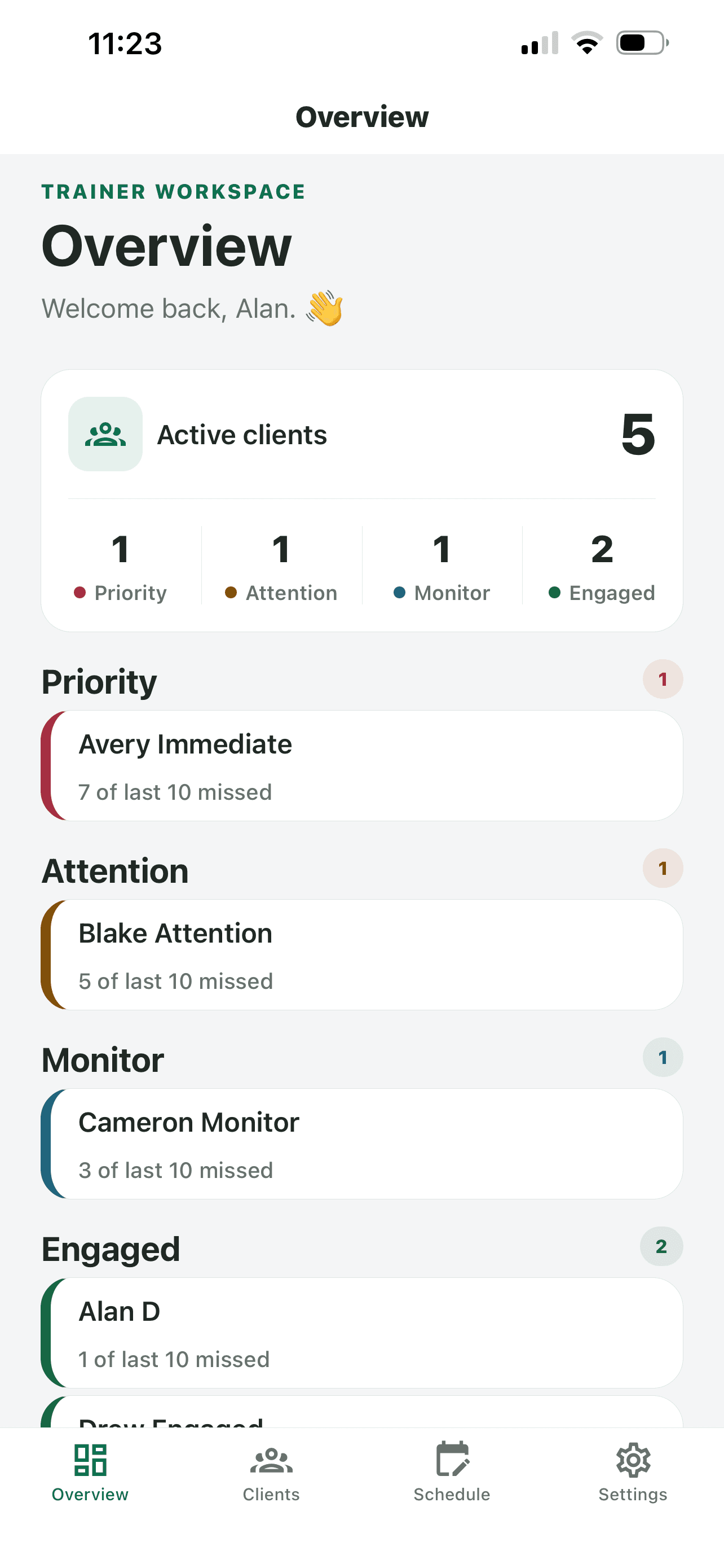 MintGen trainer overview showing active clients grouped by priority status